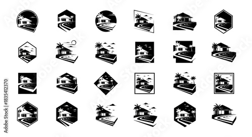 Elegant Collection of Tropical House Logos with Palm Trees and Coastal Scenery Designs