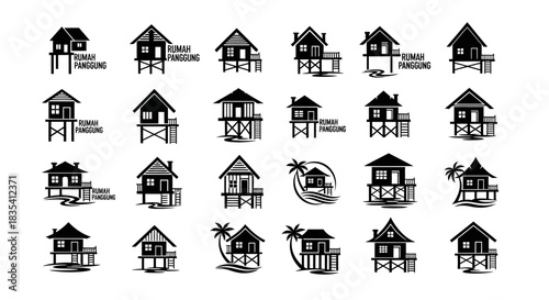 Set of various unique stilt house illustrations showing various styles and construction details
