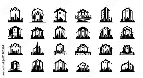 Elegant penthouse logo collection featuring silhouette buildings and cityscape in vector format