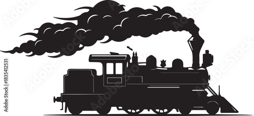 A vintage steam train speeds ahead, depicted in a bold black and white vector illustration with dynamic motion lines and smoke.