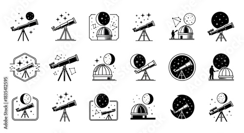 Collection of astronomy telescope vector illustrations for scientific observation and educational
