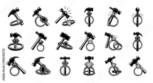 Monochrome illustrations of rings being crafted with tools like hammers, jewelry and craftsmanship