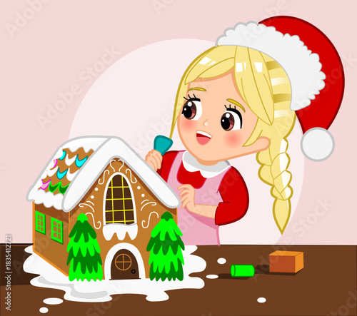 CIMAHI, INDONESIA-December 5, 2025-Anime of A 7-year-old girl with blonde hair in a braid, wearing a Santa hat, decorating a gingerbread house with icing. Vector graphic design cartoon illustration