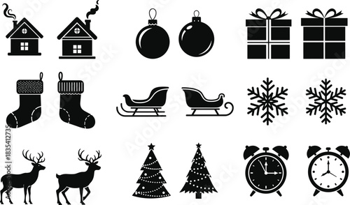 Christmas silhouette set houses ornaments gifts stockings sleigh and more
