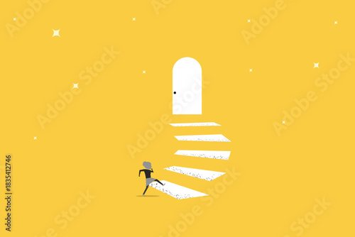 Business career growth. Business woman walking up the stairs. concept of rise, promotion, success, corporate ladder