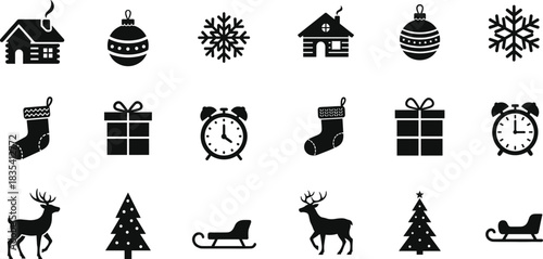 Set of black christmas icons isolated on white background