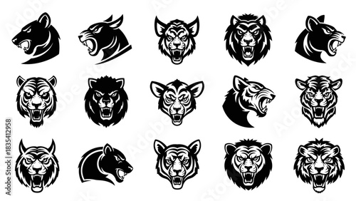 Monochrome Vector Collection of Aggressive Predator Animal Head Design Elements
