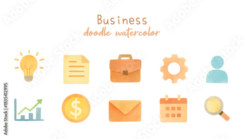 Business doodle icon watercolor style vector isolated bundle set. Pastel color finance icons collection for asset, design, application, elements