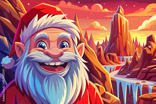 Santa stands beside a giant frozen waterfall where icy cliffs and crystal formations form an impressive winter Christmas setting
