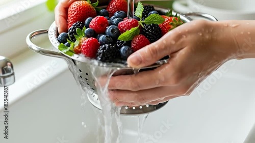 Washing Fresh Berries in a Colander Under Running Water.