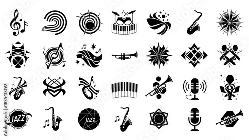 Collection of black and white musical instrument vector icons and jazz elements designed with