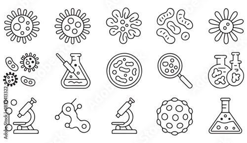 Set of microbiology and laboratory line icons showing viruses, bacteria, microscopes, and research equipment for medical and scientific use.