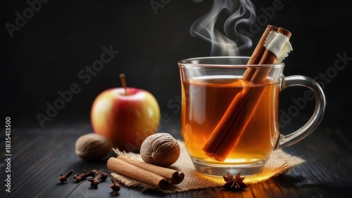Warm apple cider in a glass mug, steaming