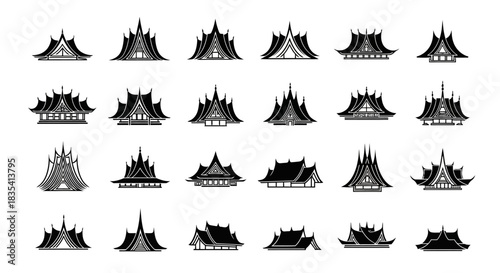 Collection of Traditional Thai Architecture Icons in Black and White Silhouette Style