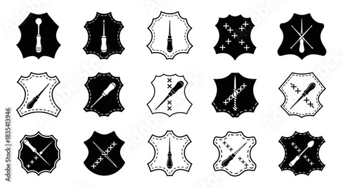 Collection of black and white leather crafting icons showcasing stitching and hand tools concept