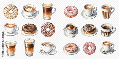 Watercolor illustration set of various coffee drinks and delicious donuts with different toppings on a transparent background.