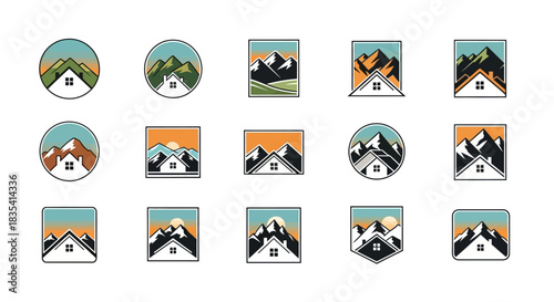 Collection of fifteen mountain home logo designs showcasing nature and architecture blend