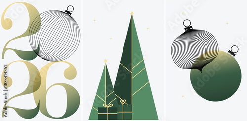 Set of minimalist New Year's cards, green colors