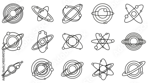 Collection of Minimalist Line Art Atom and Planet Symbols on White Background, Science and Physics