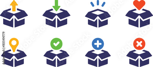 box, open, package, delivery, shipping, icon, symbol, set, collection, upload, download, add, heart, location, check, cross, plus, minus, notification, alert, information, graphic, design, vector, ill