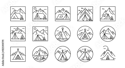 Minimalist camping and outdoor adventure icons set with mountains tents and campfires
