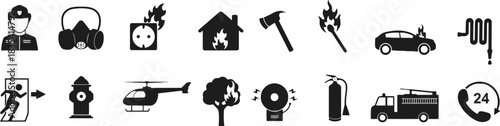 fire, firefighter, emergency, icon, set, collection, safety, rescue, alarm, hose, extinguisher, helicopter, hydra, car fire, gas mask, match, house fire, evacuation, 24 hour, service, protection, prev