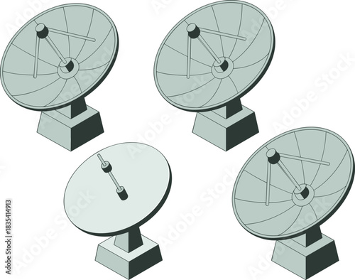 3D technical illustration of multiple satellite dishes in clean monochrome style showing communication equipment, signal transmission and telecommunication concept