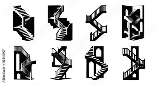 Monochromatic collection of illusionary staircase designs in graphic illustration form