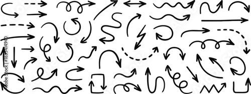 arrow, direction, pointer, symbol, doodle, hand drawn, sketch, drawing, graphic, design, element, icon, isolated, white background, curved, straight, dashed, zigzag, swirl, loop, square, up, down, lef