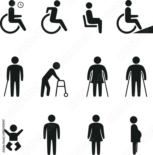 icon, silhouette, human, person, accessibility, disabled, wheelchair, walker, crutches, cane, baby, pregnant, sitting, standing, ramp, medical, assistance, elderly, child, adult, symbol, graphic, desi