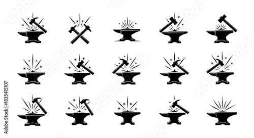 Collection of Blacksmithing Icons: Anvil and Hammer Designs for Crafts and Industry
