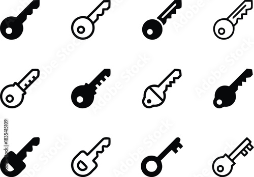 key, icon, set, collection, security, access, unlock, lock, door, house, car, safe, metal, silhouette, simple, graphic, design, illustration, symbol, object, technology, private, personal