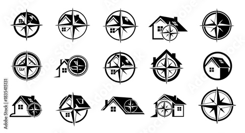 Set of black and white house and compass navigation logo designs for real estate