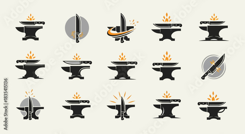 Collection of blacksmith logo templates featuring anvil and knife designs in vintage style