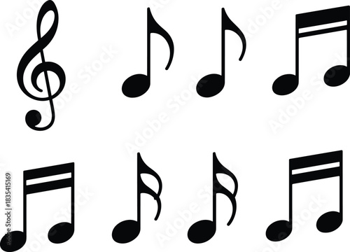 Black and white illustration of musical notes and treble clef, classic music symbols for education, design elements, posters, sheet music and creative projects