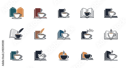 Collection of creative logo designs combining books and coffee cups for branding purposes