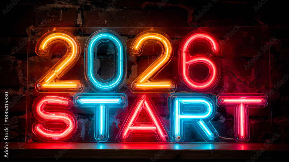 Fototapeta premium New year celebration begins with vibrant 2026 start sign lighting up the night