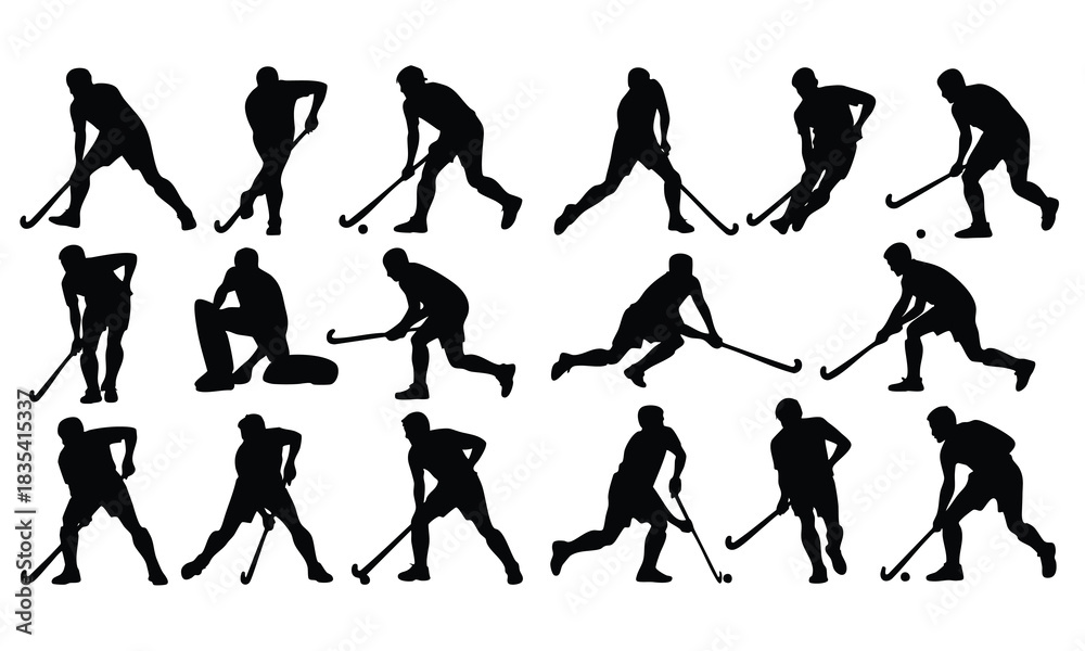 Obraz premium Ice Hockey Player Silhouettes Collection, Hockey Skater Action Poses Set, Dynamic Collection of Hockey Athletes, Vector Silhouettes of Ice Hockey Players and Goalie, silhouette, vector, illustration,