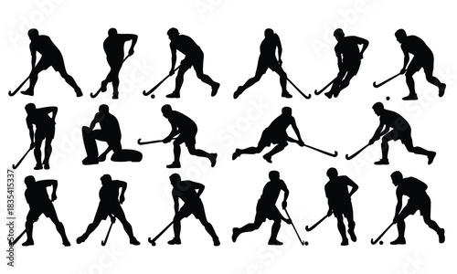 Ice Hockey Player Silhouettes Collection, Hockey Skater Action Poses Set, Dynamic Collection of Hockey Athletes, Vector Silhouettes of Ice Hockey Players and Goalie, silhouette, vector, illustration,