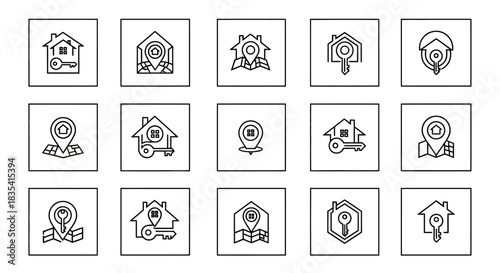 Collection of minimalist real estate icons representing location and property access in outline