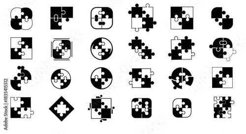 Diverse Black and White Puzzle Pieces Icon Set Representing Problem Solving and Connection