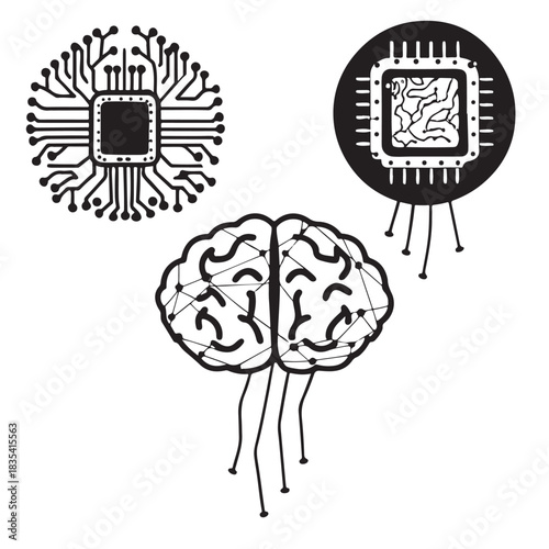 Artificial Intelligence Brain & Microchip Line Icons, vector