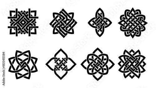 Collection of intricate Celtic knot designs on a white background for decorative use, with