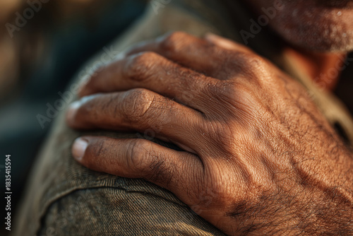 Caring gesture of an adult brushing crumbs off a friend's sleeve outdoors