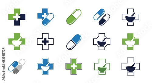 Collection of medical cross symbols and capsule icons for healthcare design needs