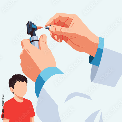 A doctor is using an otoscope to examine a young boy's ear in a clinic, ensuring proper ear health with a routine checkup for pediatric care.