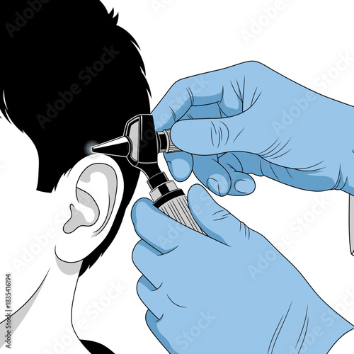 A medical professional in blue gloves carefully examines a patient's ear canal using an otoscope in a clinical setting, ensuring proper ear health and hygiene.