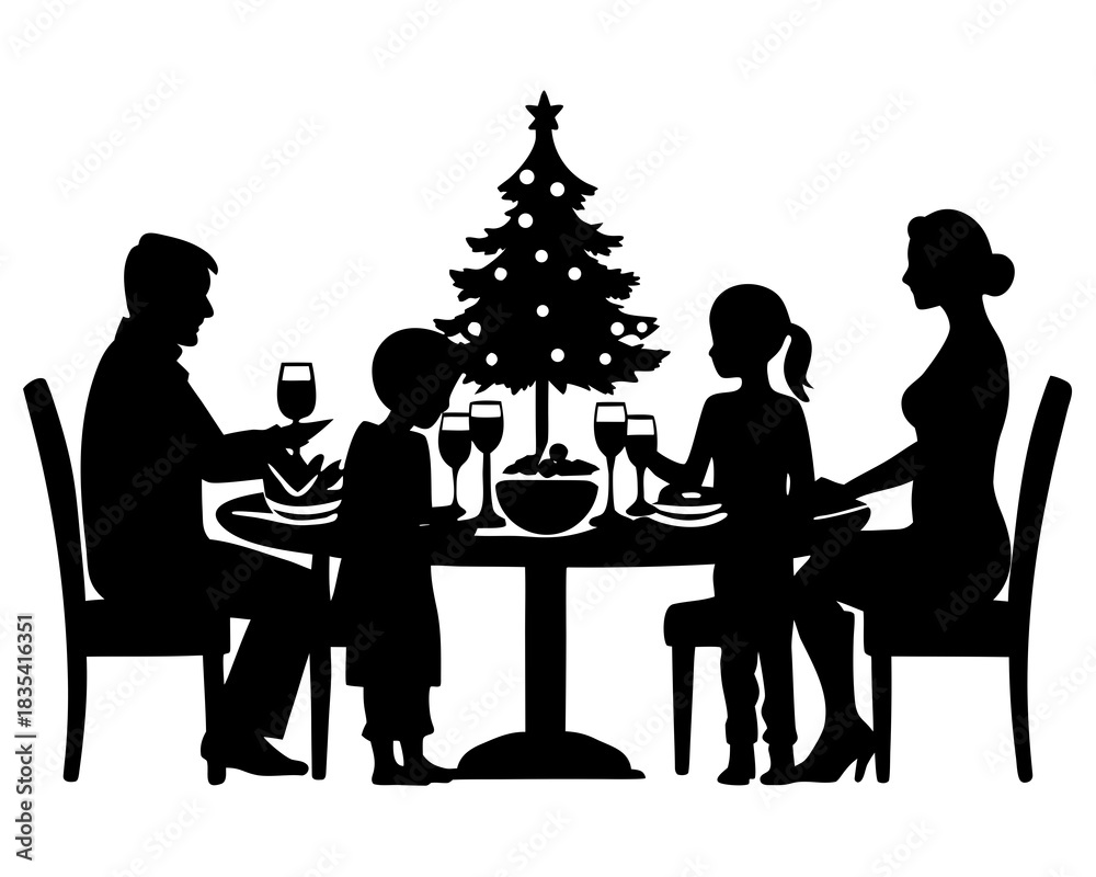 Fototapeta premium Christmas family dinner silhouette vector illustration isolated on white background