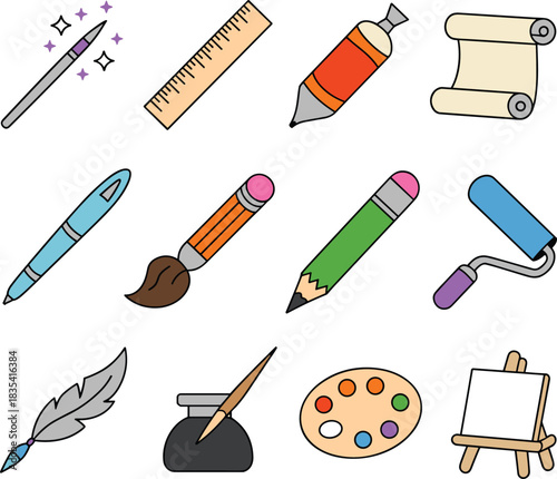 Cartoon art and drawing tools set with pencils pens brushes markers paint palette scroll ruler magic wand and easel illustration