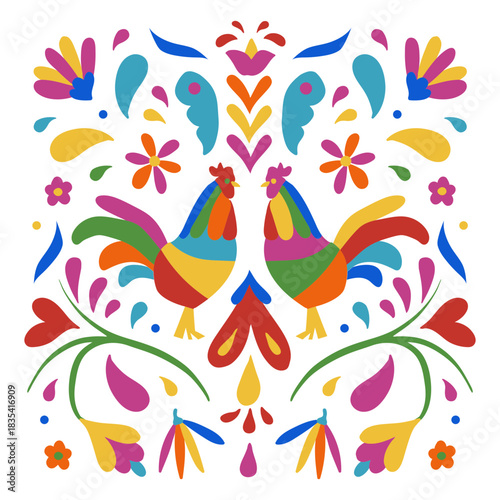 Mexican holiday rooster colorful decorative pattern